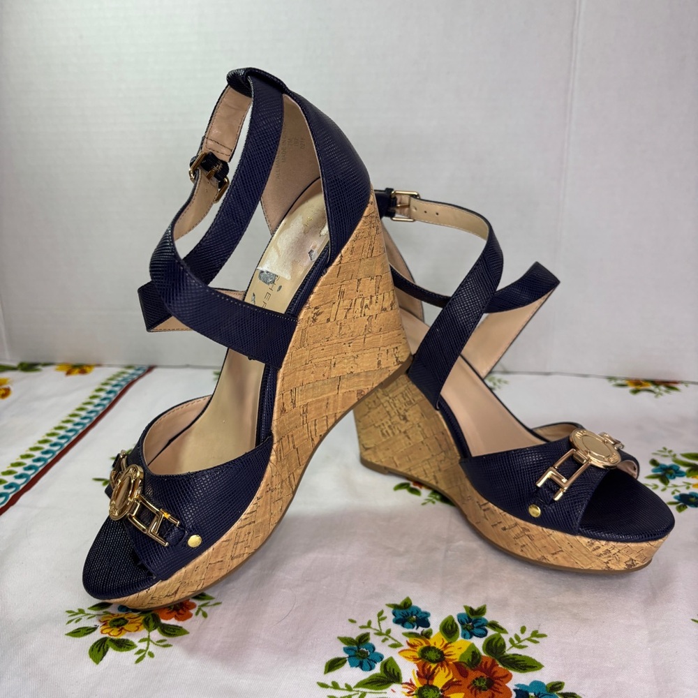 Marc Fisher Brantor-R Strappy Wedge Sandals Navy Ankle Strap Women's Sz 7M
